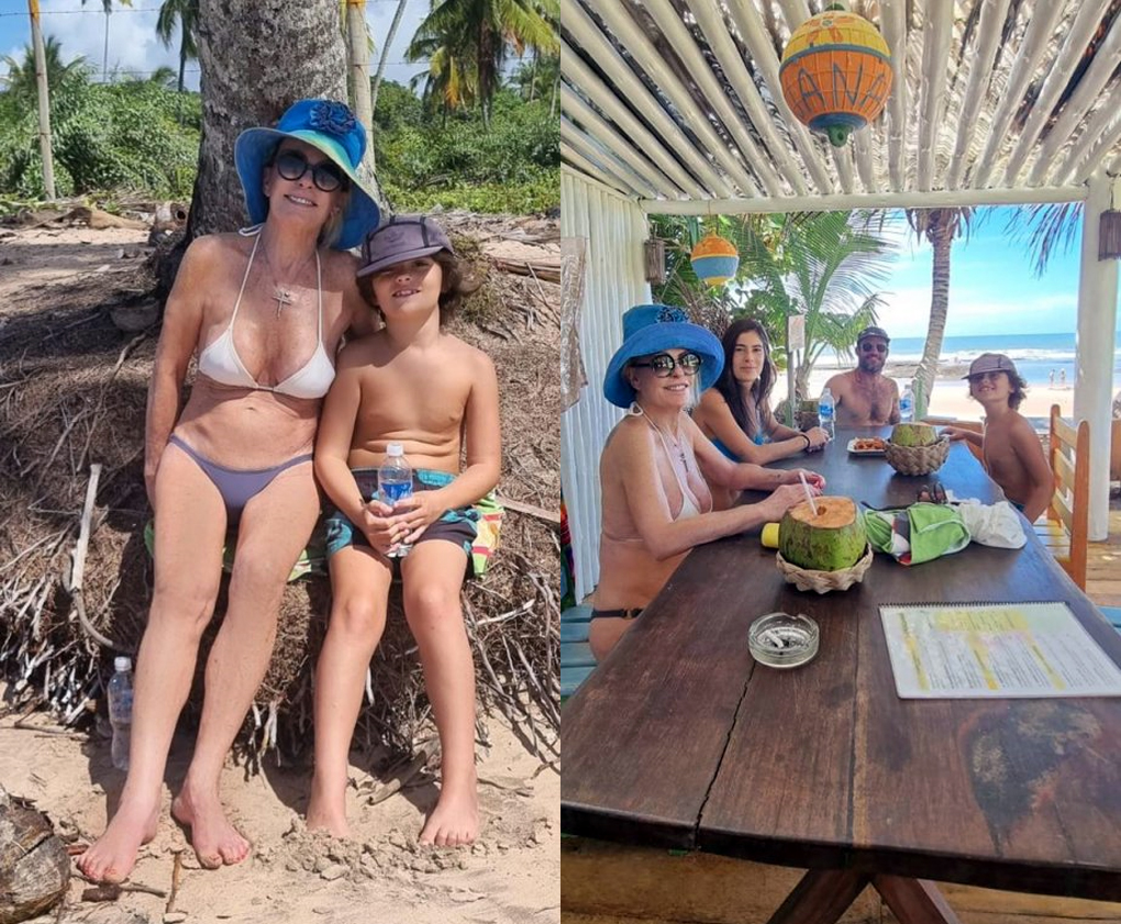Ana Maria Braga curte férias na Bahia e se diverte na praia com o neto  Bento; fotos e vídeos