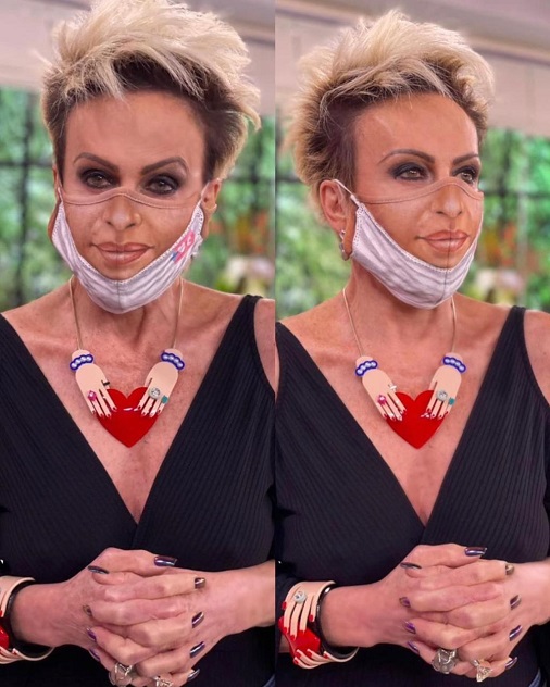 Ana Maria Braga usa máscara estampada com seu rosto durante o ‘Mais Você’