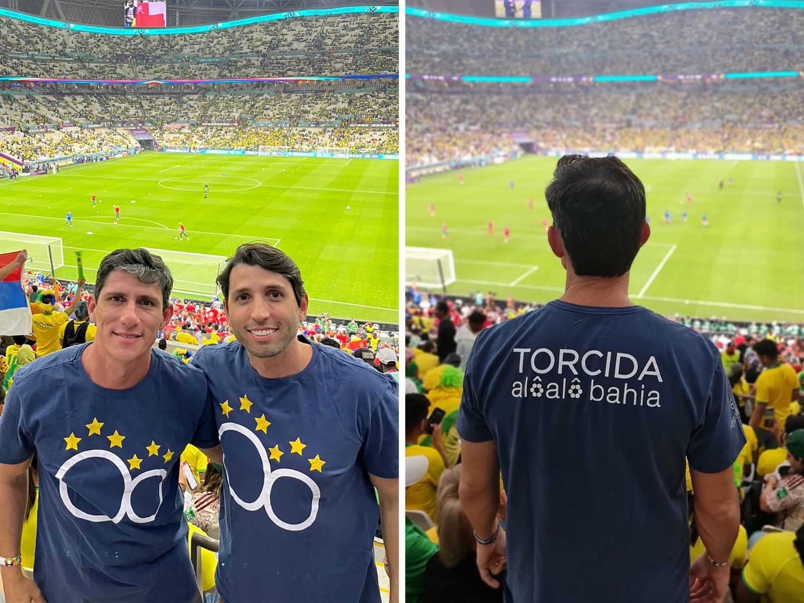 Baianos assistem à estreia da seleção brasileira em Doha com camisa da Torcida Alô Alô