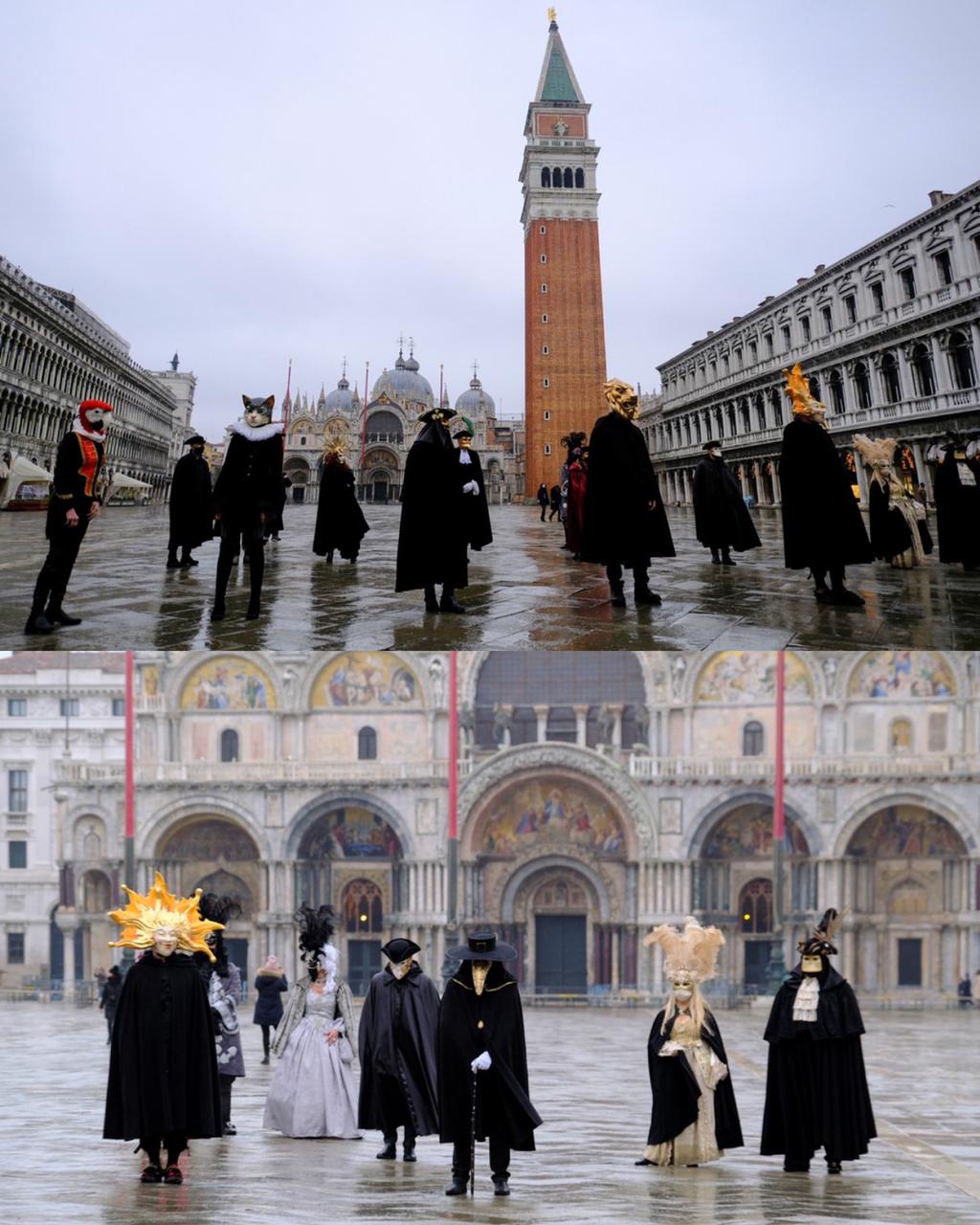 Em Veneza, grupo de foliões faz silêncio em praça vazia durante Carnaval cancelado