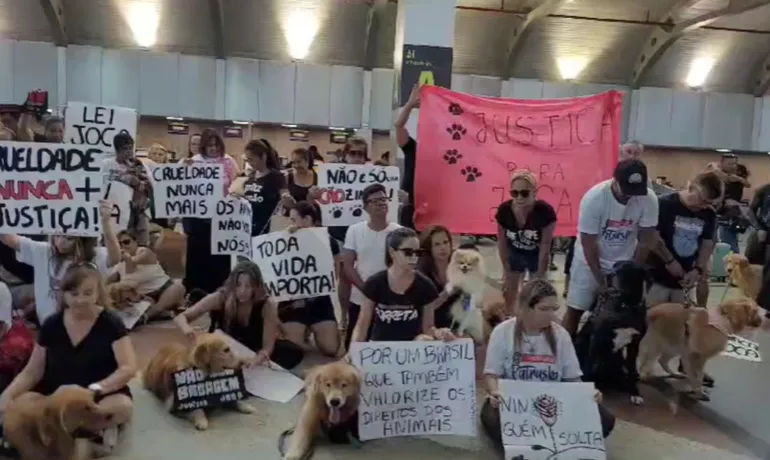 Tutores de cães participam de mobilização nacional e protestam pela morte do golden Joca no Aeroporto de Salvador