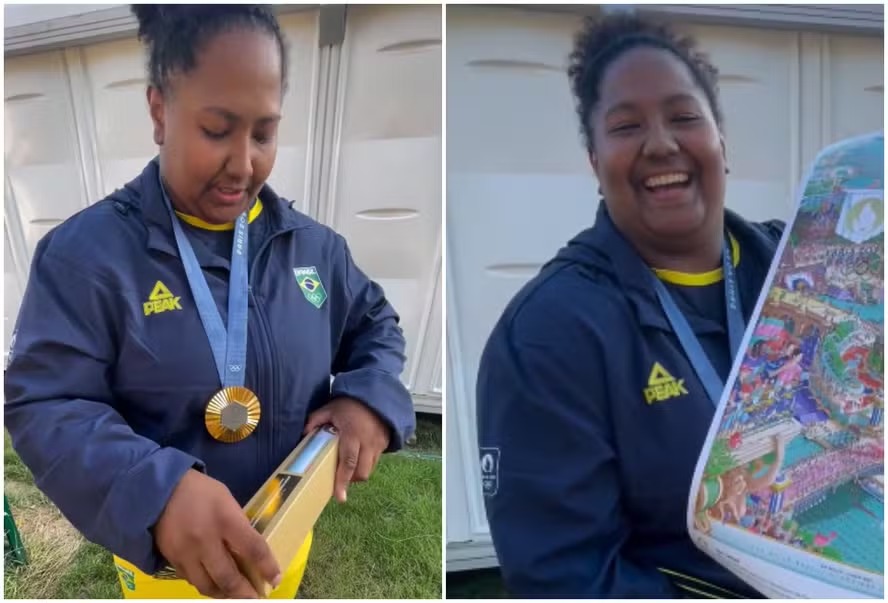 Ouro em Paris, Beatriz Souza faz unboxing de caixinha dos medalhistas e revela destino do presente