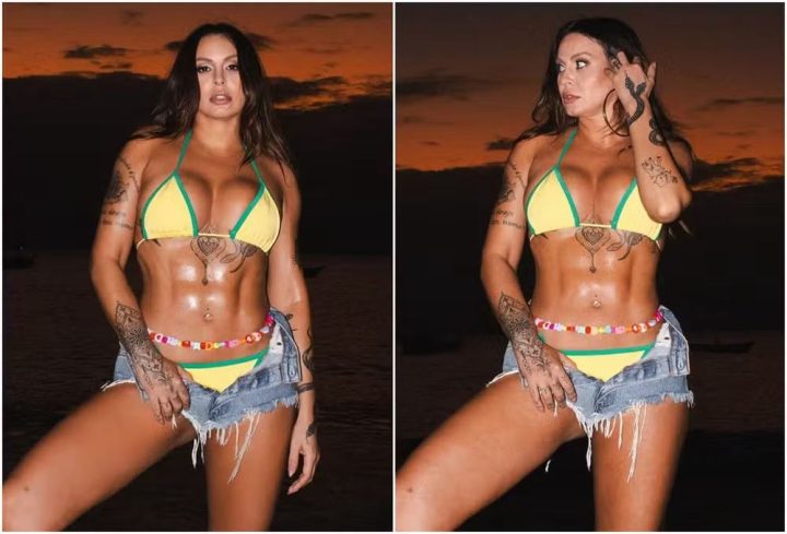 Alinne Rosa desabotoa short e exibe abdômen trincado: ‘Mereço ouro?’