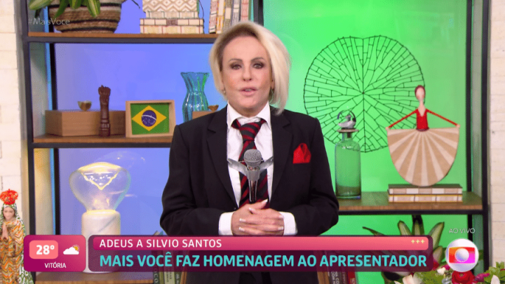 Ana Maria Braga se fantasia de Silvio Santos em homenagem no Mais Você