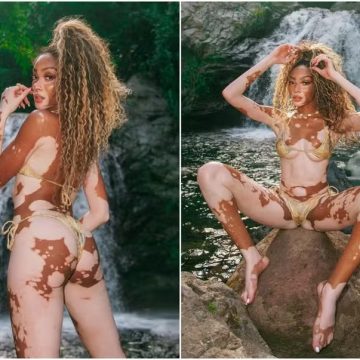 Modelo Winnie Harlow relaxa em cachoeira na Jamaica e web reage: ‘Obra de arte’