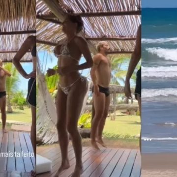 Deborah Secco mostra treino de biquíni durante viagem por praia na Bahia