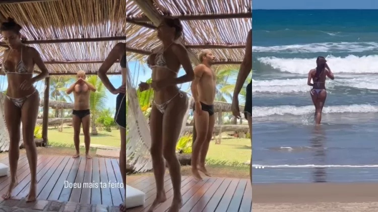 Deborah Secco mostra treino de biquíni durante viagem por praia na Bahia