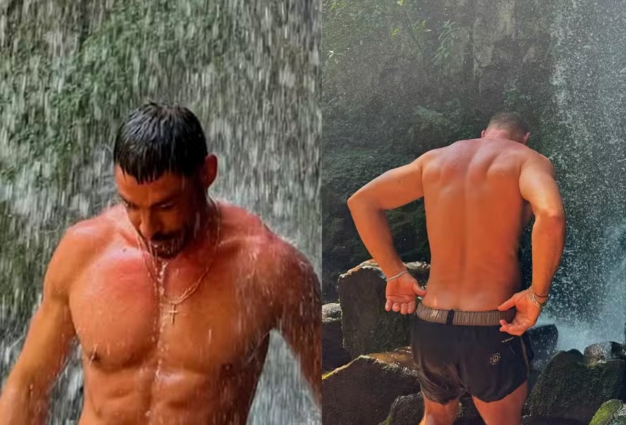 Cauã Reymond se refresca em cachoeira de Foz do Iguaçu e exibe tanquinho; veja fotos