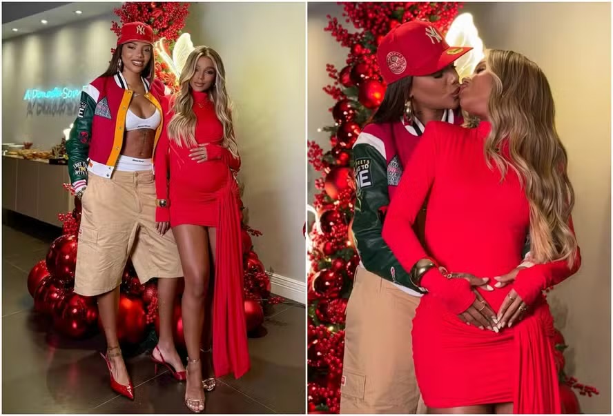 Grávida, Brunna Gonçalves ganha carinho de Ludmilla na barriga em noite de Natal