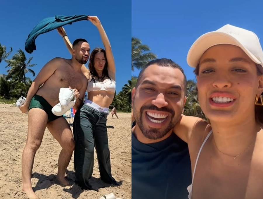 Beatriz Reis e Gil do Vigor iniciam férias na Bahia e se divertem na praia: ‘Suco de caos’