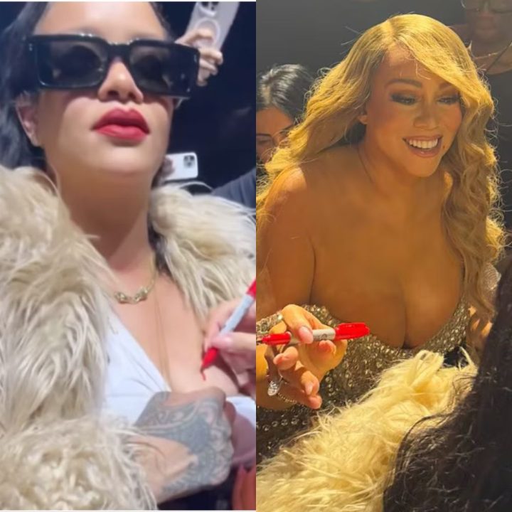 Mariah Carey autografa seio de Rihanna em meio a show de Natal, em Nova York