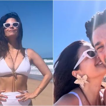 Emanuelle Araújo passa última sexta-feira do ano na praia com marido modelo