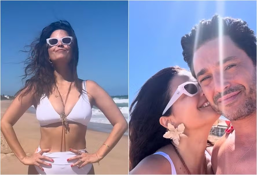 Emanuelle Araújo passa última sexta-feira do ano na praia com marido modelo