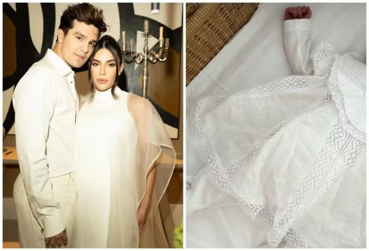 Jade Magalhães mostra filha com Luan Santana com vestidinho branco