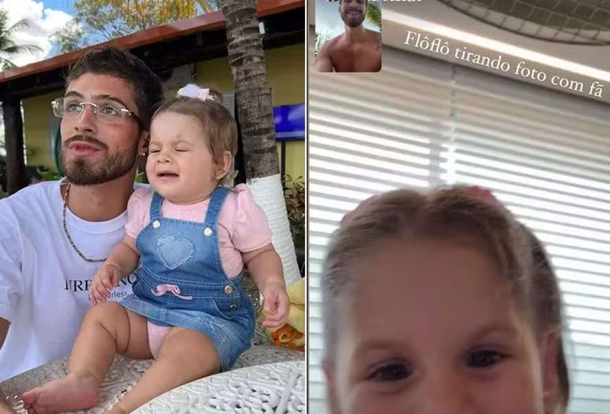 João Guilherme faz videochamada com a sobrinha Maria Flor: ‘Tirando foto com fã’