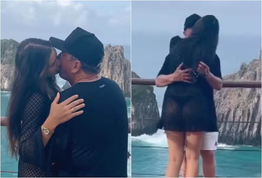 Em Noronha, Amado Batista dá beijão em namorada 50 anos mais nova; vídeo