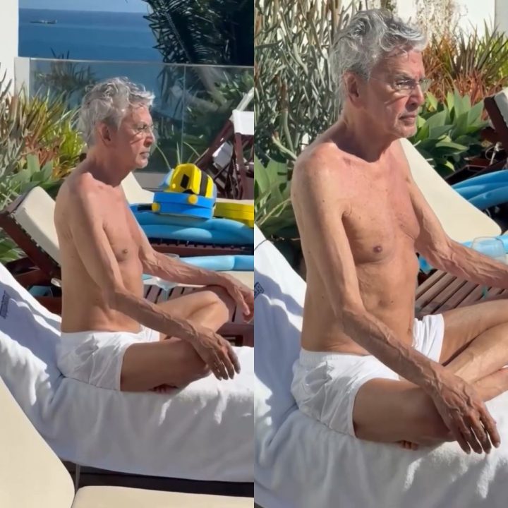 ‘Gosto de ficar ao sol, leãozinho’: Caetano Veloso relaxa em pose de meditação na varanda de casa, no Rio Vermelho