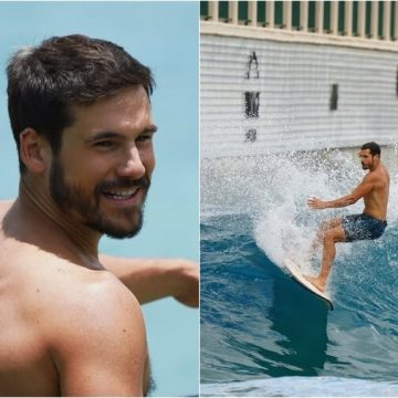 Nicolas Prattes mostra habilidade no surf e ganha elogio de Sabrina Sato: ‘Meu gostoso’