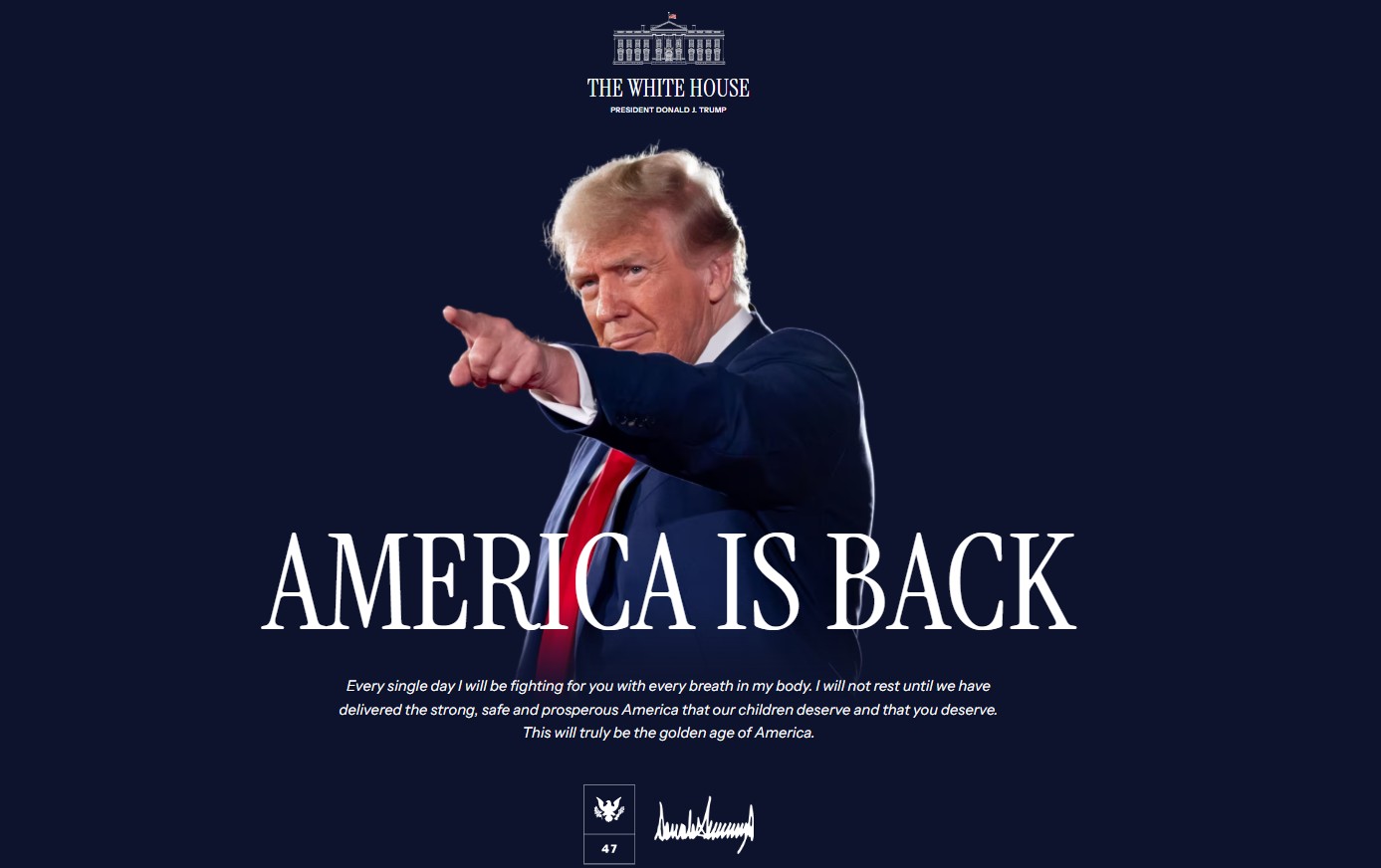 ‘A América está de volta’: Site da Casa Branca é atualizado com biografias e prioridades do governo Trump