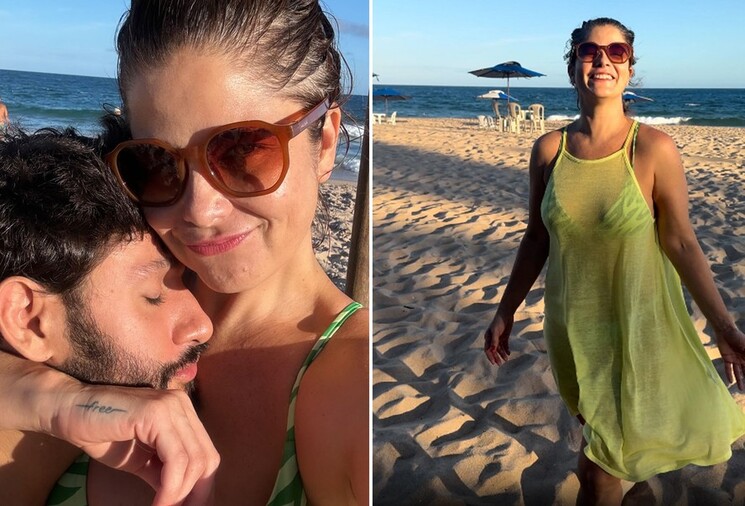 Samara Felippo posa em clima de romance com o namorado em praia na Bahia