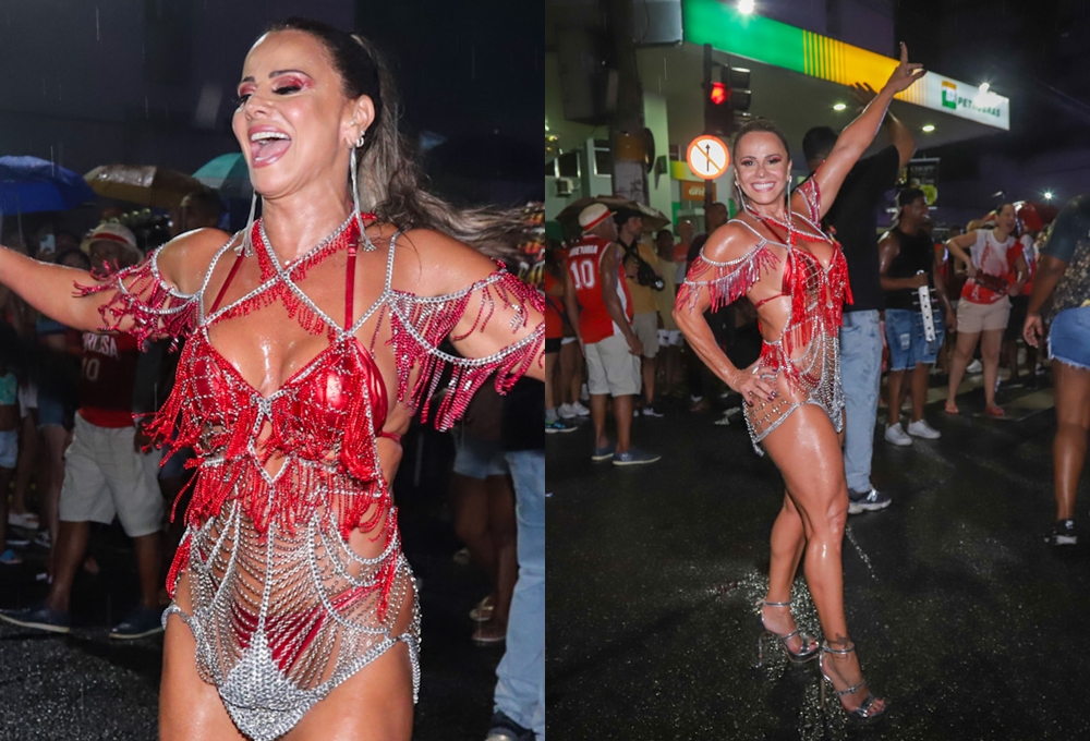 Viviane Araújo exibe samba no pé debaixo de chuva em ensaio de Carnaval