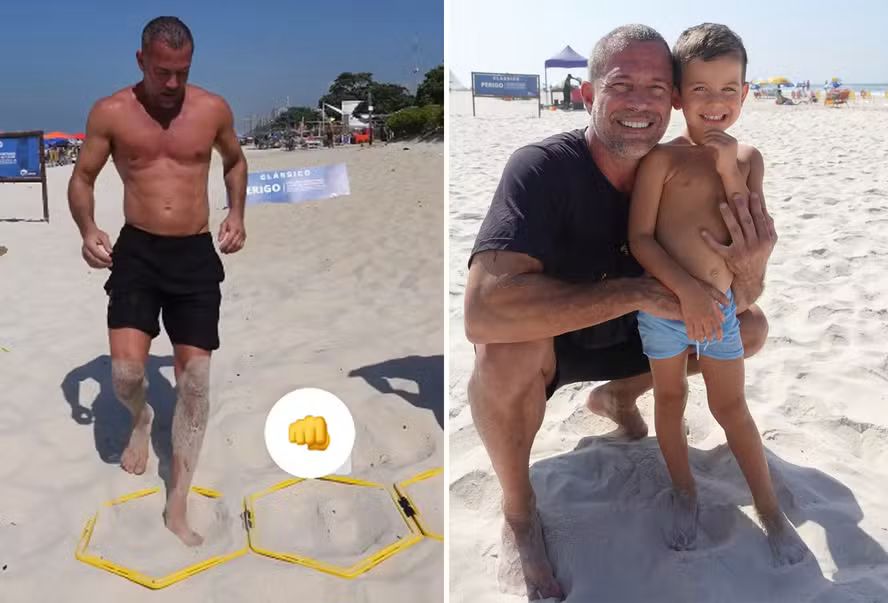 Sem camiseta, Malvino Salvador treina na praia e posa com o filho: ‘A cara do pai’