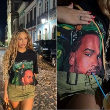 De férias em Salvador, ex de Gabigol e Vini Jr. usa blusa com rosto de Lewis Hamilton; veja fotos