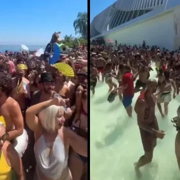 Foliões invadem piscinas do Museu do Amanhã, no Rio, para fugir do calor durante bloco