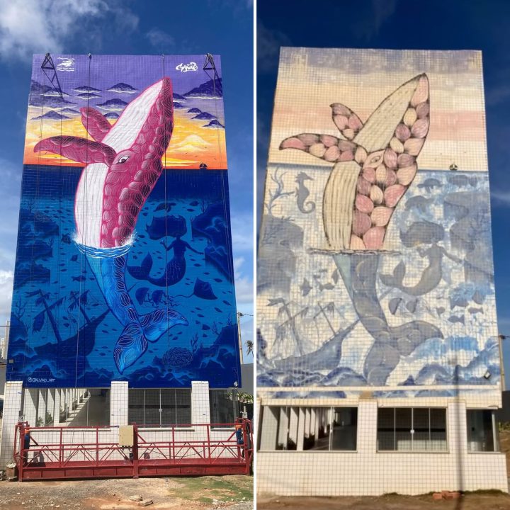 Em parceira com o projeto Baleia Jubarte, grafiteiro revitaliza famoso mural em Pituaçu