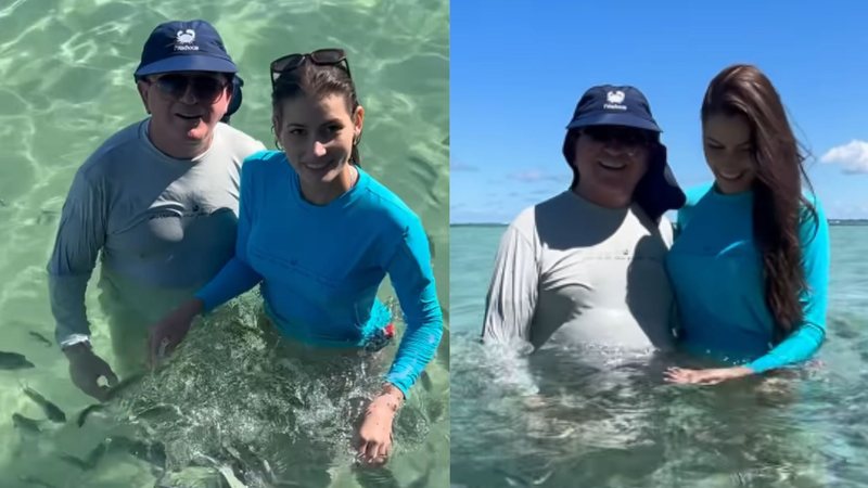 Amado Batista e Calita Franciele posam em águas cristalinas durante lua de mel na Bahia