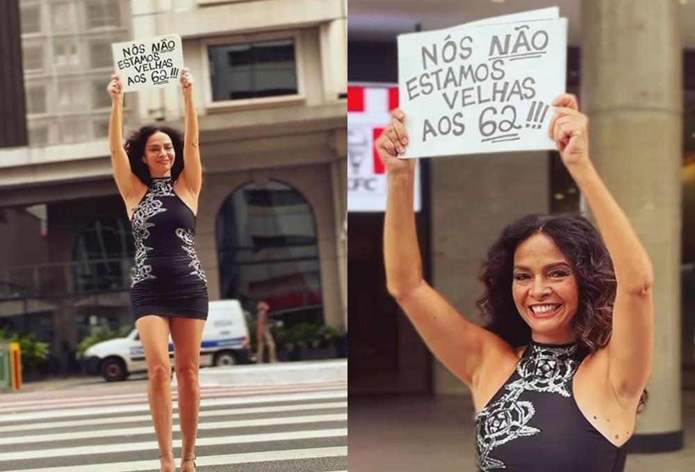 Claudia Ohana protesta contra etarismo em avenida de SP: ‘Não estamos velhas aos 62’