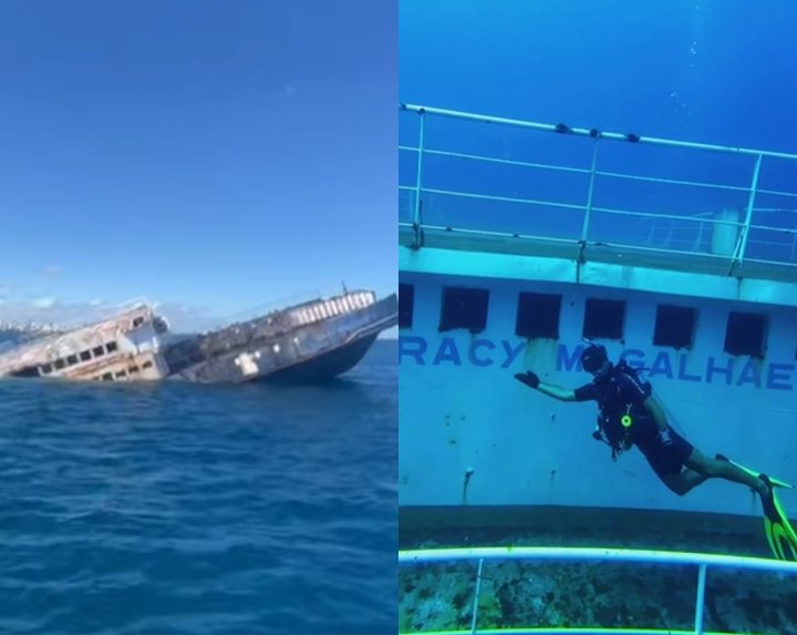 Recém afundado, ferry-boat Juracy Magalhães vira atração entre mergulhadores e turistas