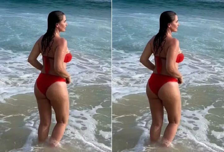 Musa dos anos 80, Luma de Oliveira posa de biquíni na praia e reflete sobre envelhecer
