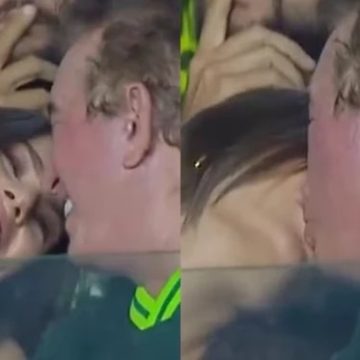 Amado Batista e esposa miss são filmados aos beijos em jogo de futebol