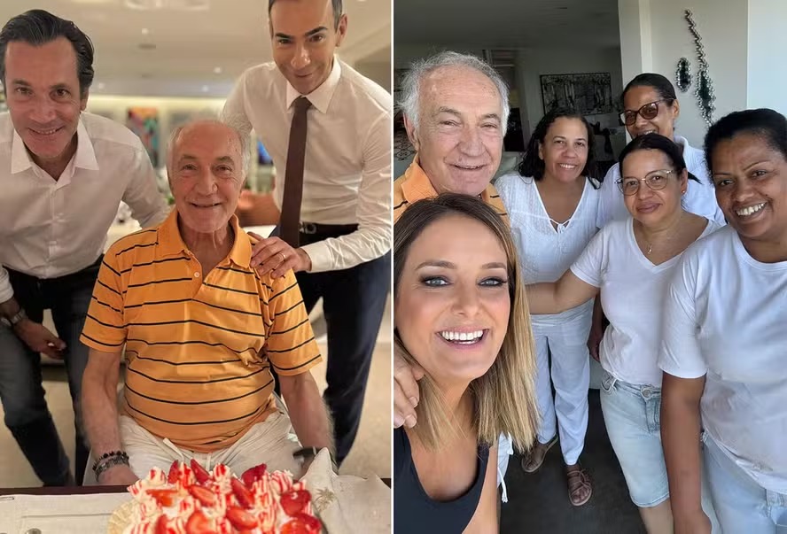 Ao lado de Ticiane Pinheiro, Cesar Tralli comemora os 82 anos do pai