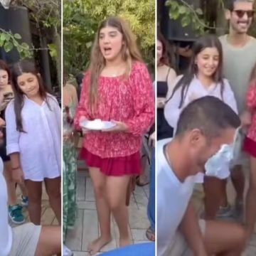 Cauã Reymond leva ‘torta’ na cara em brincadeira com a filha Sofia; assista