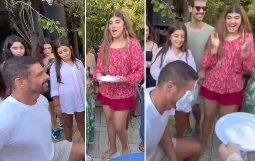 Cauã Reymond leva ‘torta’ na cara em brincadeira com a filha Sofia; assista