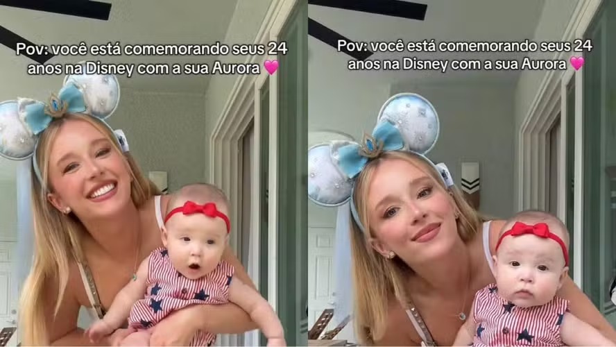 Duda Reis comemora aniversário de 24 anos na Disney ao lado da filha, Aurora: ‘Só peço saúde’