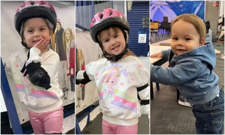 Virginia mostra Maria Alice, Maria Flor e José Leonardo patinando em pista de gelo