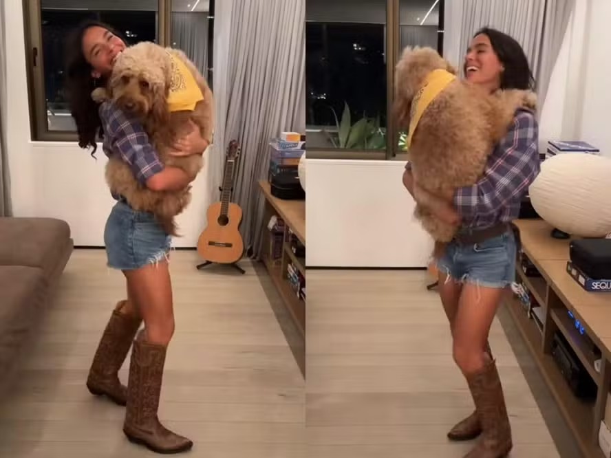 Bruna Marquezine dança forró com cadelinha de Sasha em festa junina