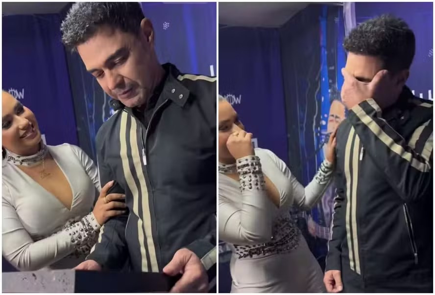 Zezé Di Camargo se emociona ao ganhar de fã desenho do pai ao lado da filha Clara: ‘Se parecem’