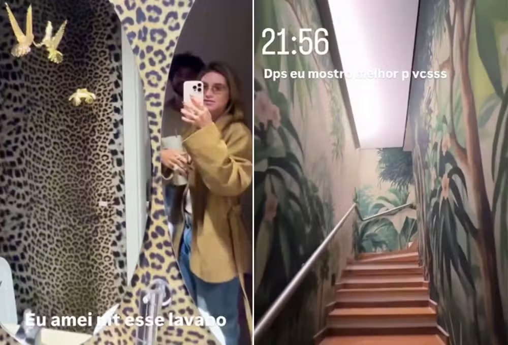 Novo apartamento de Virginia tem lavabo revestido com veludo de oncinha