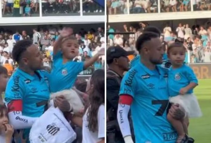 Mavie rouba a cena ao entrar em campo com Neymar; veja vídeo