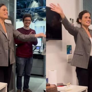 Renata Vasconcellos ganha festa de aniversário na Globo: ‘Surpresa com bolo’