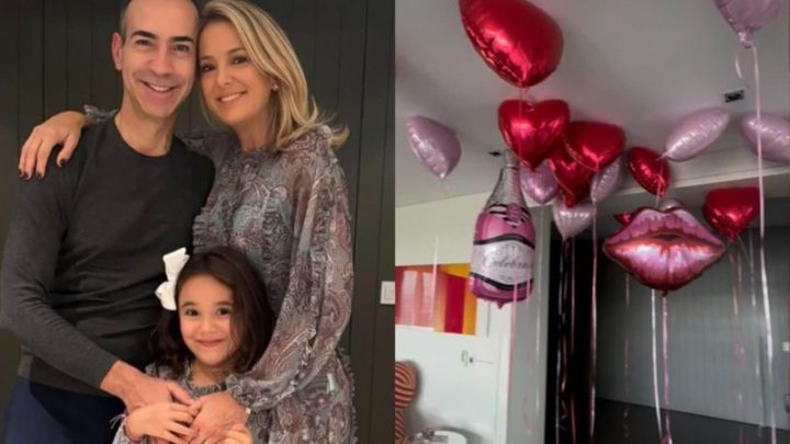 Ticiane Pinheiro e a filha, Manuella, fazem recepção surpresa para César Tralli