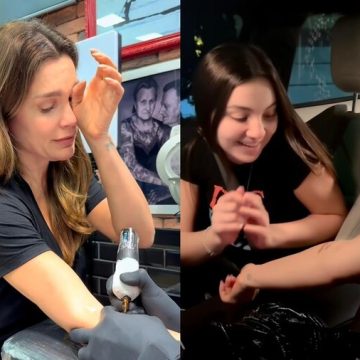 Flávia Alessandra se emociona ao fazer tatuagem em homenagem à filha