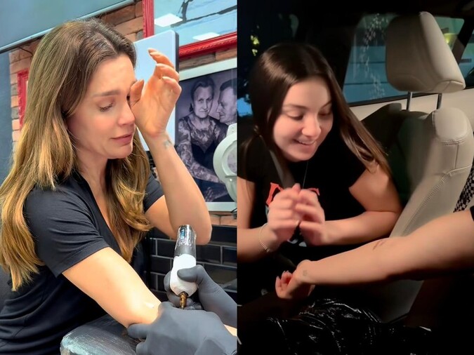 Flávia Alessandra se emociona ao fazer tatuagem em homenagem à filha