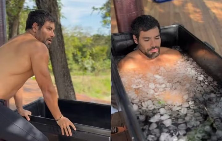 Namorado de Sandy, Pedro Andrade encara banheira de gelo no inverno; saiba motivo