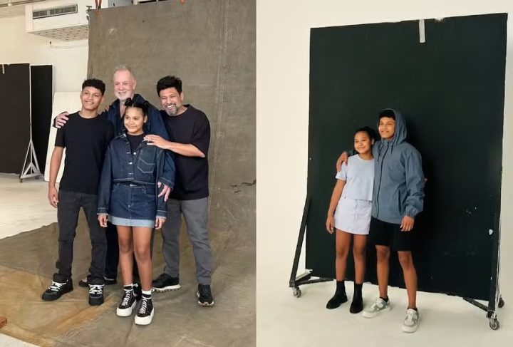 Luiz Fernando Guimarães e marido posam com os filhos adolescentes: ‘O tempo passa rápido’