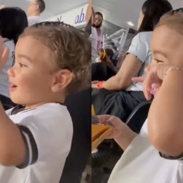 Mavie da show de fofura ao interagir com mascotes do Santos ao assistir jogo de Neymar: ‘A baleia!’